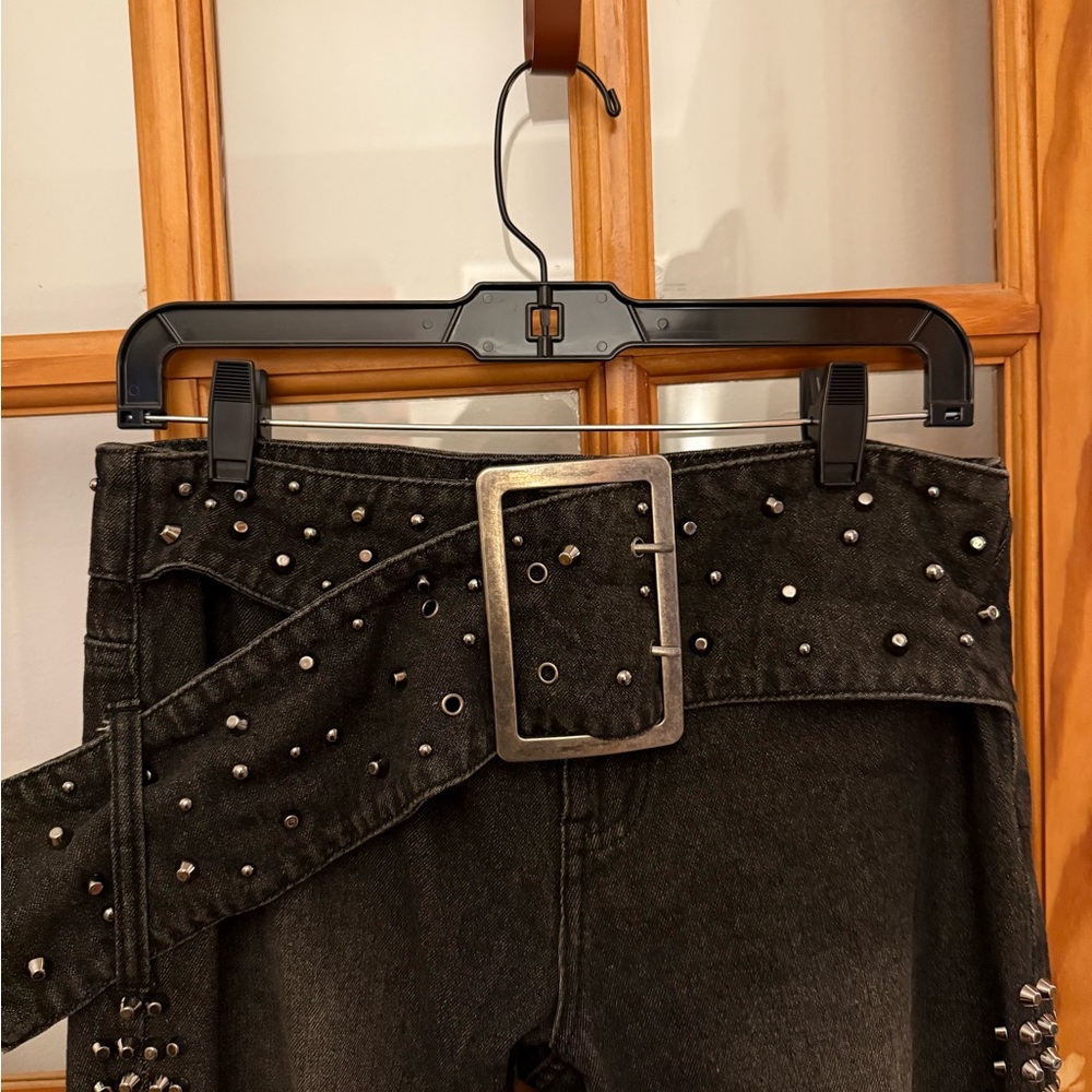 Jaded London Black Studded Flared Jeans with Belt - Picture 4 of 7